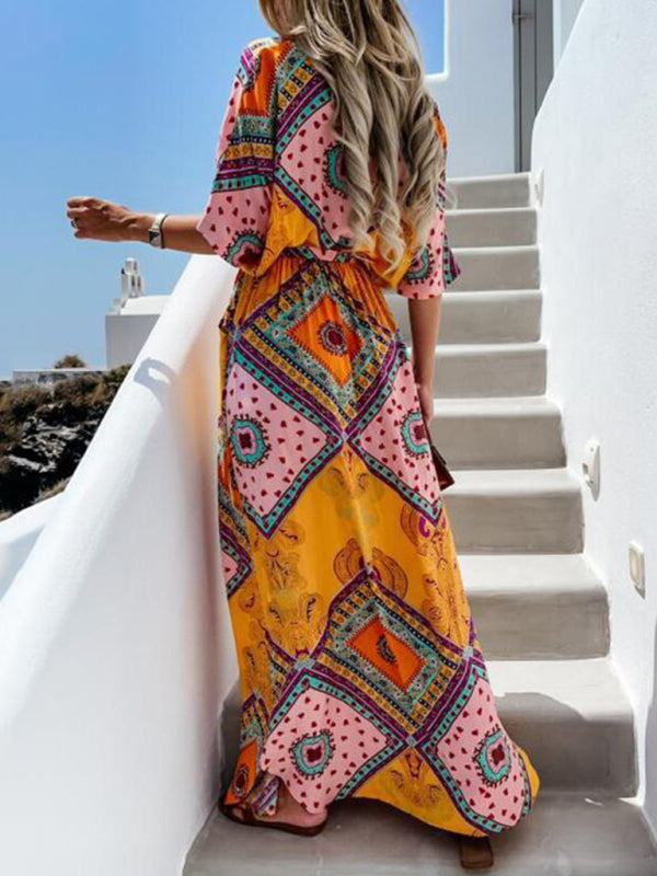 Maxi dresses- Beach Vacation Geometric Belted Wrap Maxi Dress- - IndioGear Fashion and Gear