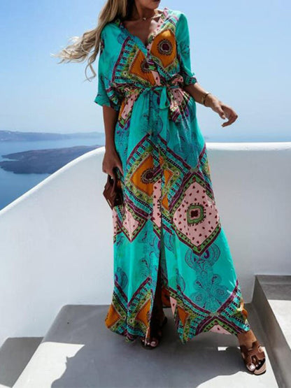 Maxi dresses- Beach Vacation Geometric Belted Wrap Maxi Dress- - IndioGear Fashion and Gear