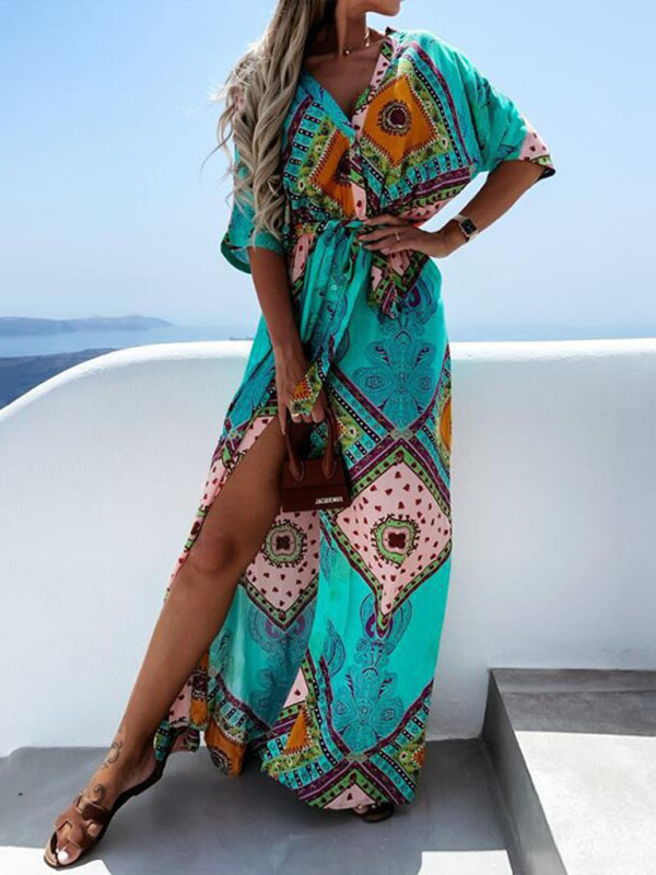 Maxi dresses- Beach Vacation Geometric Belted Wrap Maxi Dress- - IndioGear Fashion and Gear