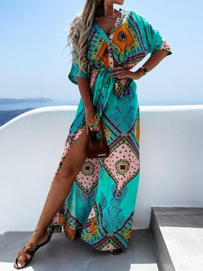 Maxi dresses- Beach Vacation Geometric Belted Wrap Maxi Dress- - IndioGear Fashion and Gear