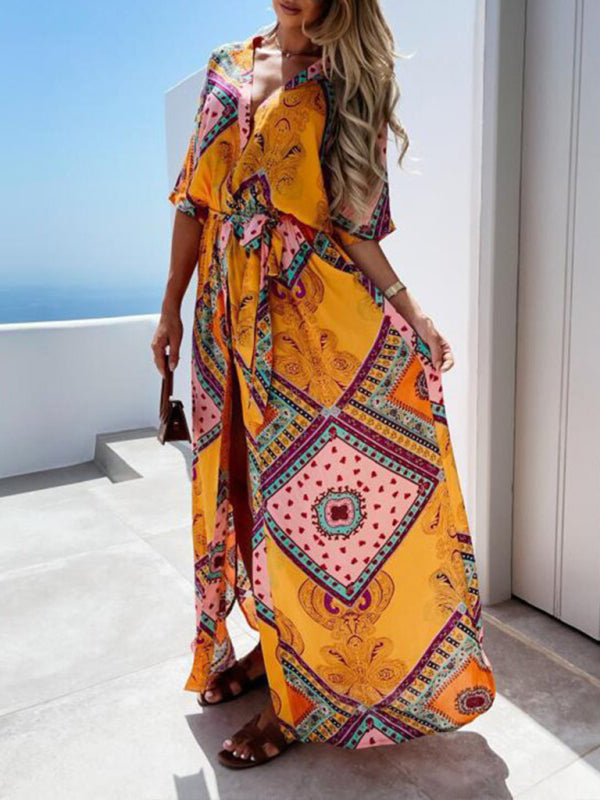 Maxi dresses- Beach Vacation Geometric Belted Wrap Maxi Dress- - IndioGear Fashion and Gear