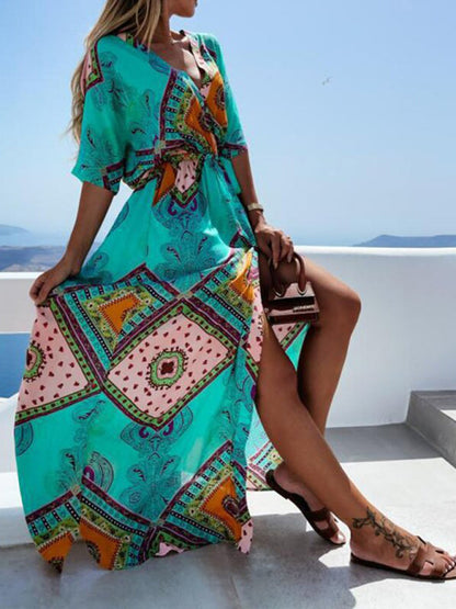 Maxi dresses- Beach Vacation Geometric Belted Wrap Maxi Dress- - IndioGear Fashion and Gear