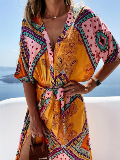 Maxi dresses- Beach Vacation Geometric Belted Wrap Maxi Dress- Orange- IndioGear Fashion and Gear