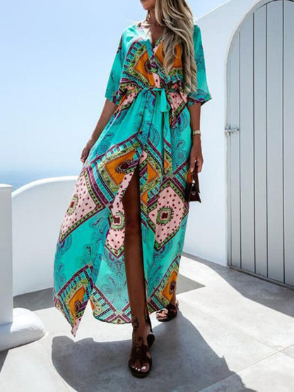 Maxi dresses- Beach Vacation Geometric Belted Wrap Maxi Dress- - IndioGear Fashion and Gear