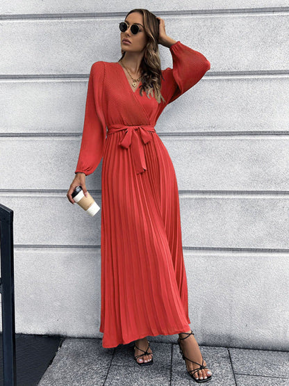 Maxi dresses- Elegant Autumn Long Sleeve Surplice Neck Plisse Belt-Tie Maxi Dress- - IndioGear Clothing and Gear