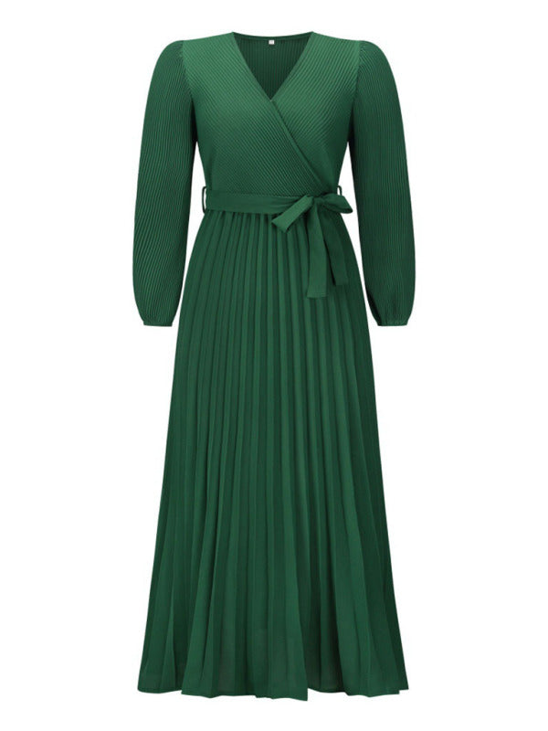 Maxi dresses- Elegant Autumn Long Sleeve Surplice Neck Plisse Belt-Tie Maxi Dress- - IndioGear Clothing and Gear