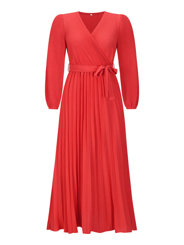 Maxi dresses- Elegant Autumn Long Sleeve Surplice Neck Plisse Belt-Tie Maxi Dress- - IndioGear Clothing and Gear