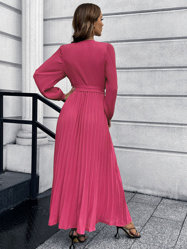 Maxi dresses- Elegant Autumn Long Sleeve Surplice Neck Plisse Belt-Tie Maxi Dress- - IndioGear Clothing and Gear