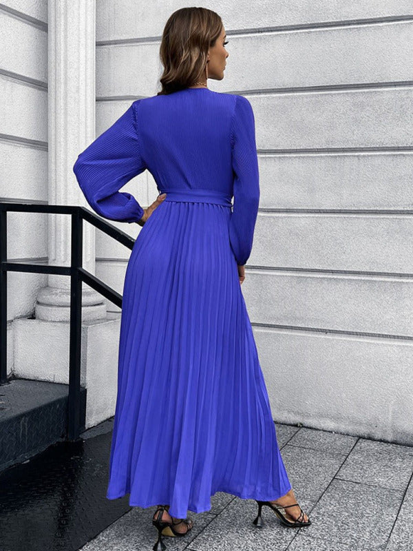 Maxi dresses- Elegant Autumn Long Sleeve Surplice Neck Plisse Belt-Tie Maxi Dress- - IndioGear Clothing and Gear