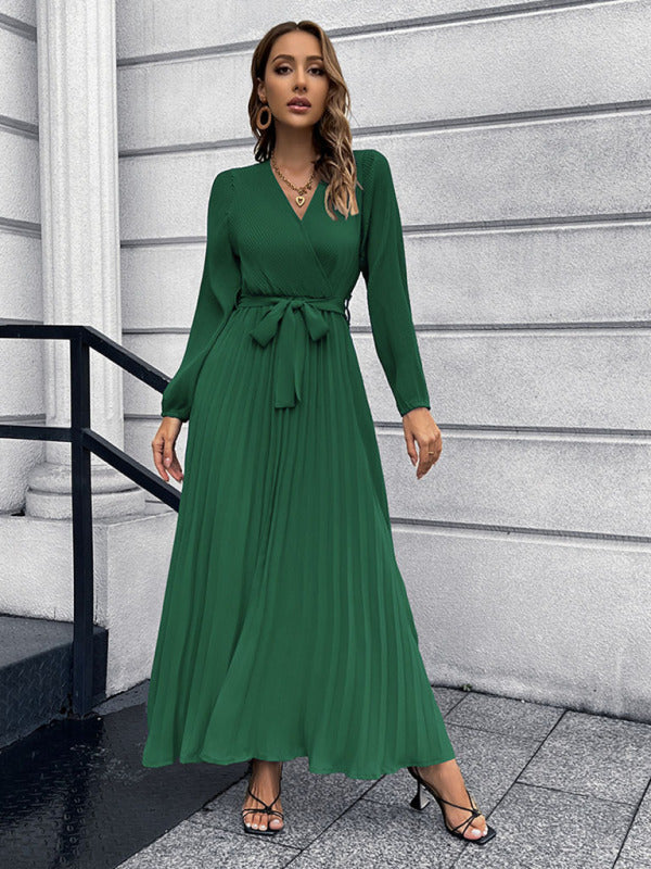 Maxi dresses- Elegant Autumn Long Sleeve Surplice Neck Plisse Belt-Tie Maxi Dress- Green- IndioGear Clothing and Gear