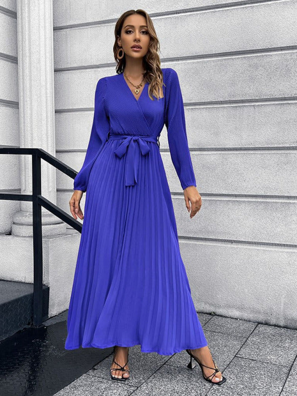 Maxi dresses- Elegant Autumn Long Sleeve Surplice Neck Plisse Belt-Tie Maxi Dress- Blue- IndioGear Clothing and Gear