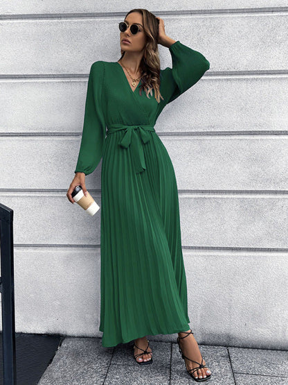 Maxi dresses- Elegant Autumn Long Sleeve Surplice Neck Plisse Belt-Tie Maxi Dress- - IndioGear Clothing and Gear