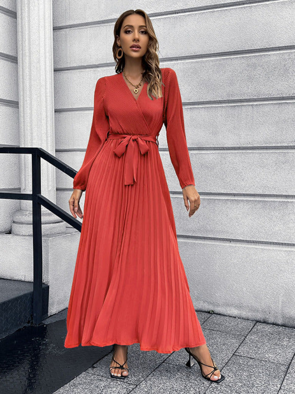 Maxi dresses- Elegant Autumn Long Sleeve Surplice Neck Plisse Belt-Tie Maxi Dress- Red- IndioGear Clothing and Gear