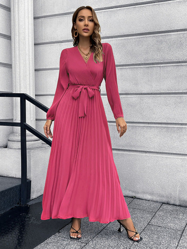 Maxi dresses- Elegant Autumn Long Sleeve Surplice Neck Plisse Belt-Tie Maxi Dress- Rose- IndioGear Clothing and Gear