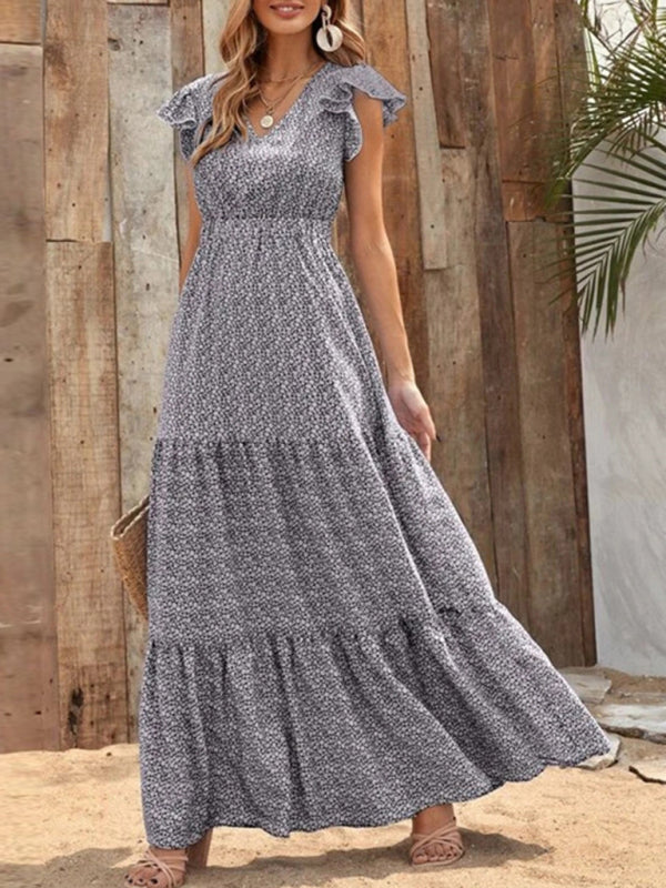 Maxi dresses- Floral Tiered V-Neck Smocked Waist Maxi Dress- Grey- IndioGear Fashion and Gear