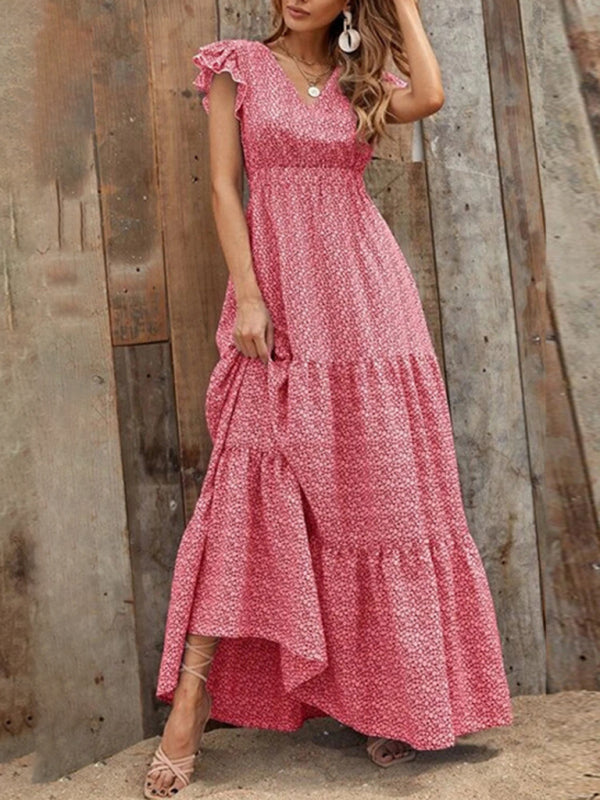 Maxi dresses- Floral Tiered V-Neck Smocked Waist Maxi Dress- - IndioGear Fashion and Gear