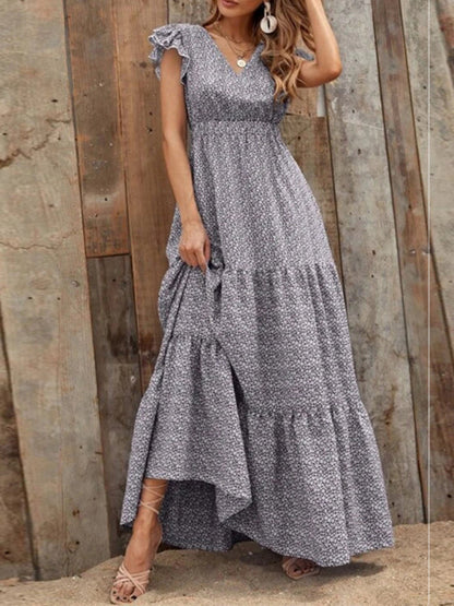 Maxi dresses- Floral Tiered V-Neck Smocked Waist Maxi Dress- - IndioGear Fashion and Gear