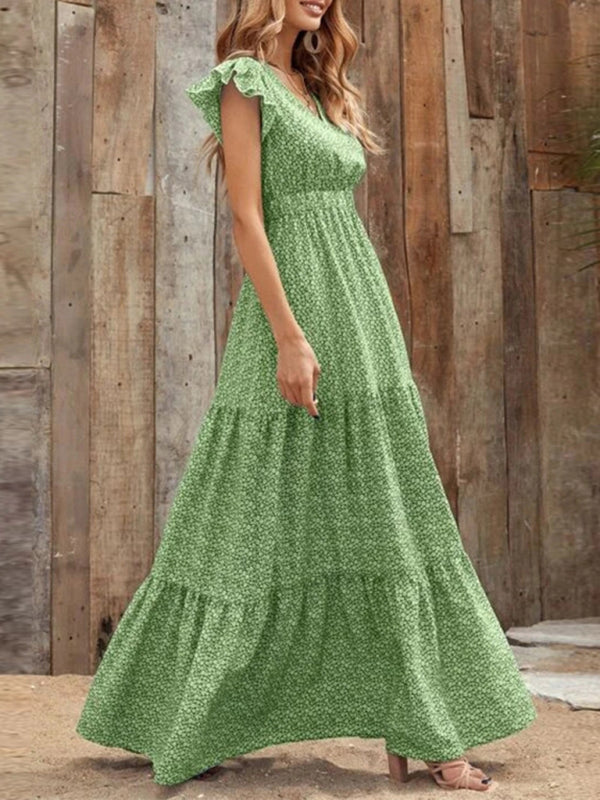 Maxi dresses- Floral Tiered V-Neck Smocked Waist Maxi Dress- - IndioGear Fashion and Gear