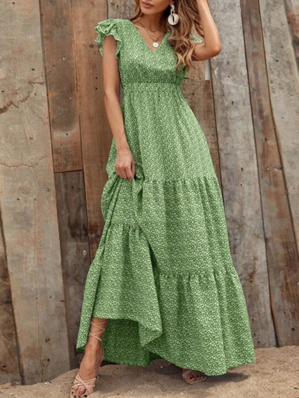 Maxi dresses- Floral Tiered V-Neck Smocked Waist Maxi Dress- - IndioGear Fashion and Gear