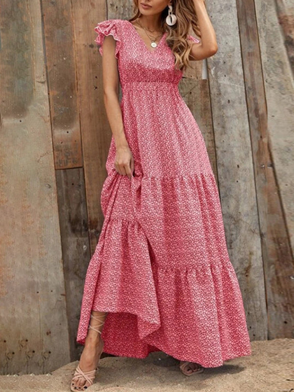 Maxi dresses- Floral Tiered V-Neck Smocked Waist Maxi Dress- - IndioGear Fashion and Gear