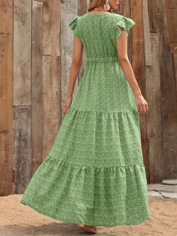 Maxi dresses- Floral Tiered V-Neck Smocked Waist Maxi Dress- - IndioGear Fashion and Gear