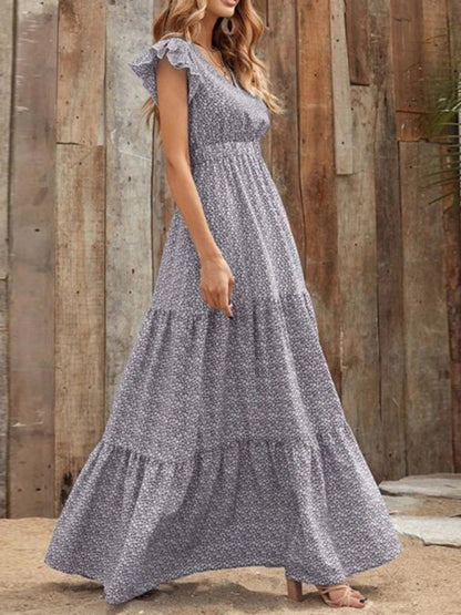 Maxi dresses- Floral Tiered V-Neck Smocked Waist Maxi Dress- - IndioGear Fashion and Gear