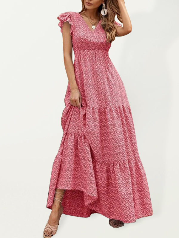 Maxi dresses- Floral Tiered V-Neck Smocked Waist Maxi Dress- Red- IndioGear Fashion and Gear