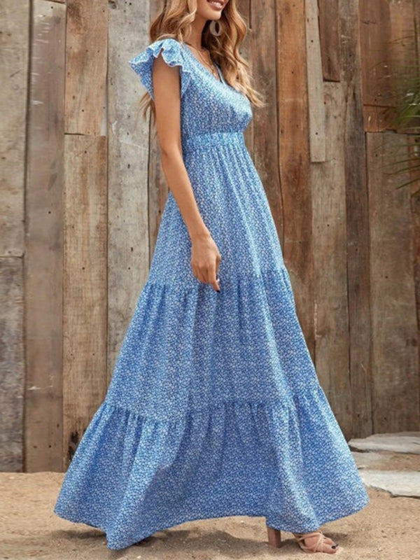 Maxi dresses- Floral Tiered V-Neck Smocked Waist Maxi Dress- - IndioGear Fashion and Gear