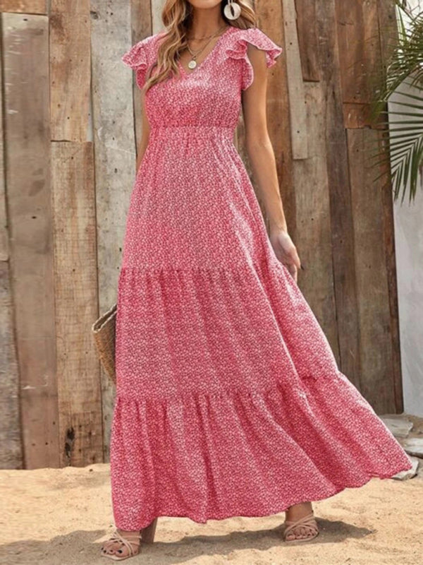 Maxi dresses- Floral Tiered V-Neck Smocked Waist Maxi Dress- - IndioGear Fashion and Gear