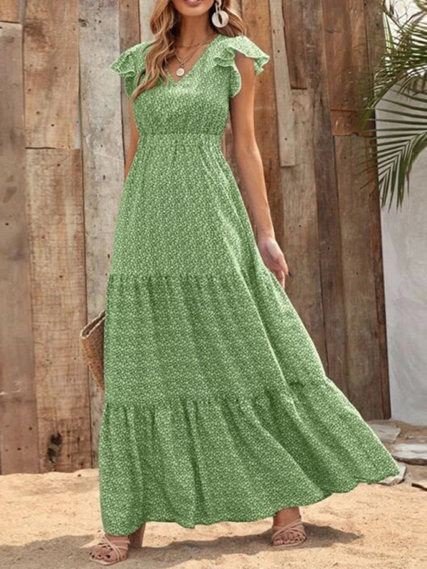 Maxi dresses- Floral Tiered V-Neck Smocked Waist Maxi Dress- Green- IndioGear Fashion and Gear