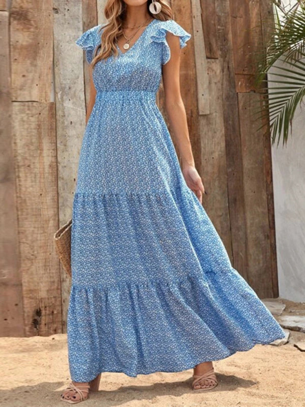 Maxi dresses- Floral Tiered V-Neck Smocked Waist Maxi Dress- Blue- IndioGear Fashion and Gear