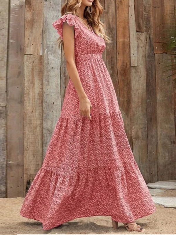 Maxi dresses- Floral Tiered V-Neck Smocked Waist Maxi Dress- - IndioGear Fashion and Gear