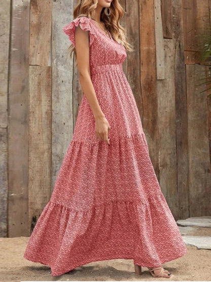 Maxi dresses- Floral Tiered V-Neck Smocked Waist Maxi Dress- - IndioGear Fashion and Gear