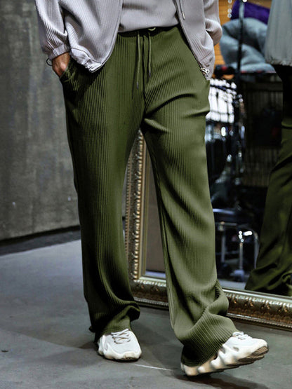 Men’s Ribbed Lounge Trousers - Loose Straight-Leg Pants