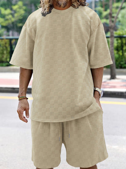 Men’s Casual Oversized 2-Piece Summer Outfit - Textured T-Shirt and Shorts