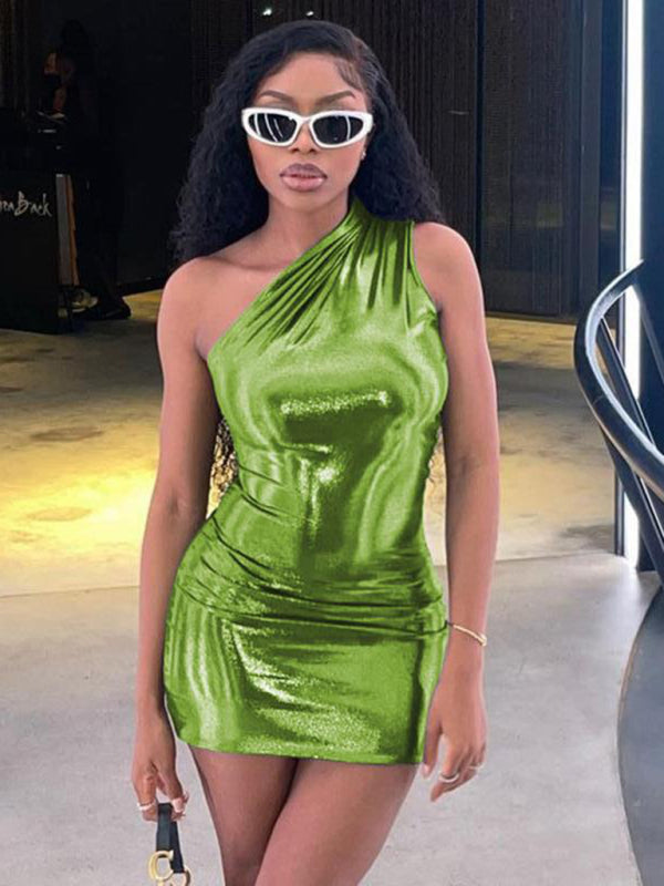 Metalic dresses- Metallic One Shoulder Bodycon Mini Dress- Green- IndioGear Fashion and Gear