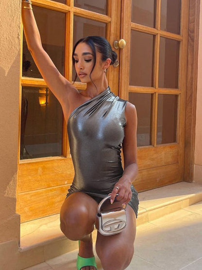 Metalic dresses- Metallic One Shoulder Bodycon Mini Dress- - IndioGear Fashion and Gear