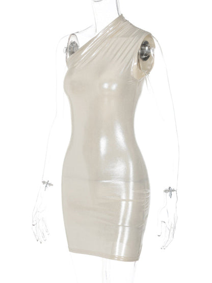 Metalic dresses- Metallic One Shoulder Bodycon Mini Dress- - IndioGear Fashion and Gear