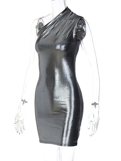 Metalic dresses- Metallic One Shoulder Bodycon Mini Dress- - IndioGear Fashion and Gear