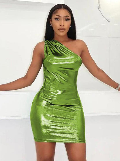 Metalic dresses- Metallic One Shoulder Bodycon Mini Dress- - IndioGear Fashion and Gear