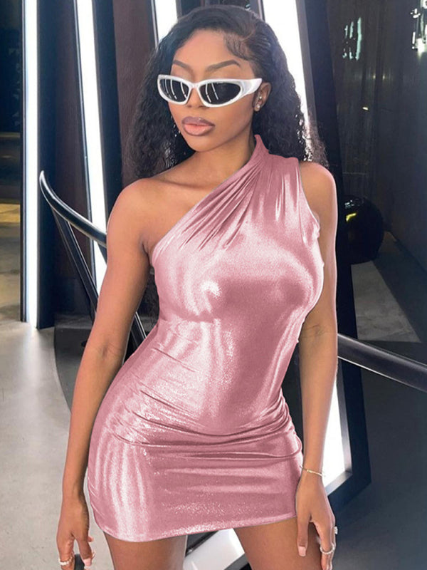 Metalic dresses- Metallic One Shoulder Bodycon Mini Dress- Pink- IndioGear Fashion and Gear