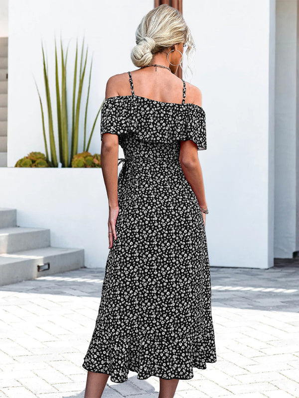 Midi Dress- Flirty and Feminine Ditsy Floral Cold Shoulder Midi Dress for Women- - IndioGear Fashion and Gear