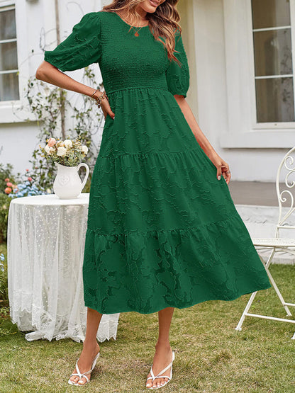 Midi Dress- Jacquard Chiffon Midi Dress with Puff Sleeves for Women- Green- IndioGear Fashion and Gear