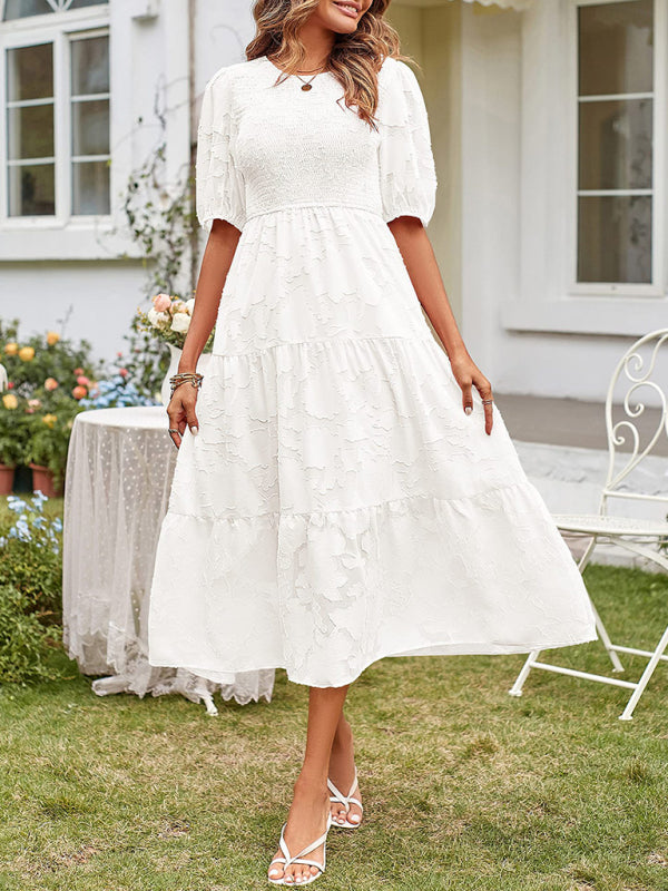 Midi Dress- Jacquard Chiffon Midi Dress with Puff Sleeves for Women- White- IndioGear Fashion and Gear