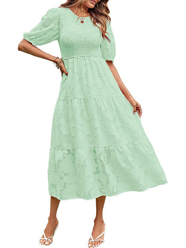 Midi Dress- Jacquard Chiffon Midi Dress with Puff Sleeves for Women- Pale green- IndioGear Fashion and Gear