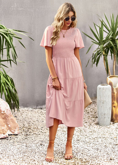 Midi Dress- Solid Smocked Waist Tiered Midi Dress- - IndioGear Fashion and Gear