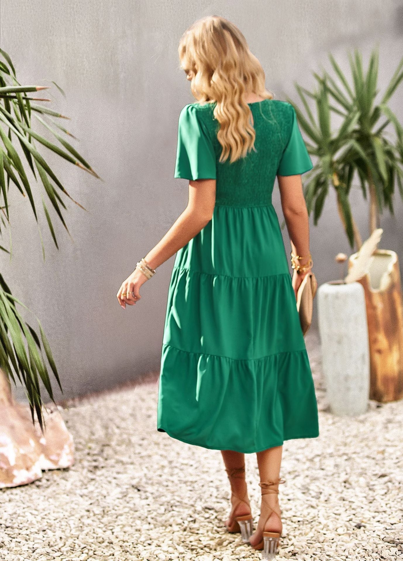 Midi Dress- Solid Smocked Waist Tiered Midi Dress- - IndioGear Fashion and Gear