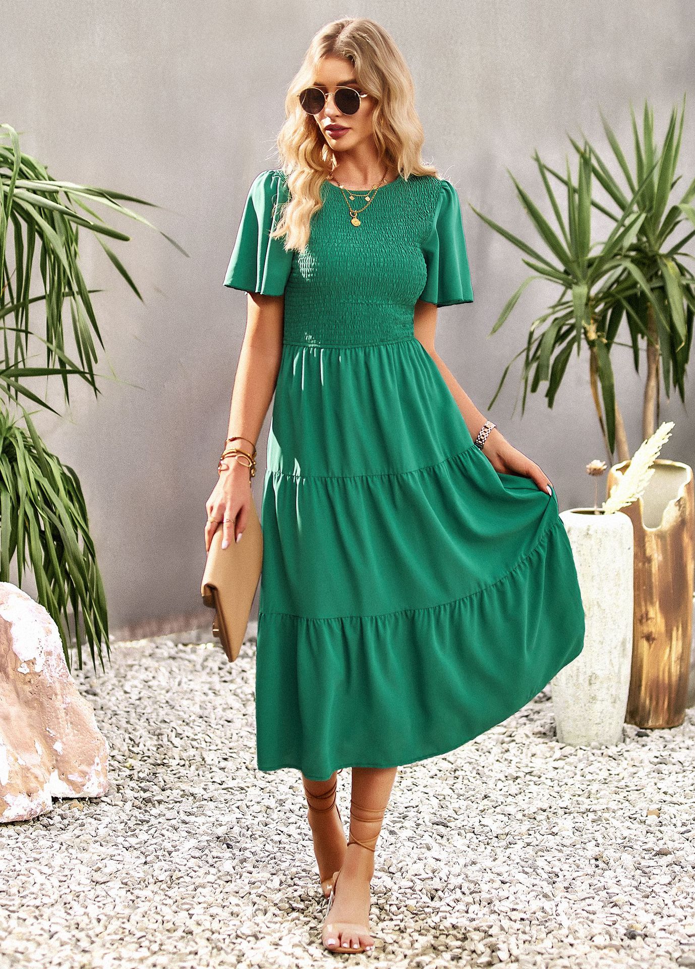 Midi Dress- Solid Smocked Waist Tiered Midi Dress- - IndioGear Fashion and Gear