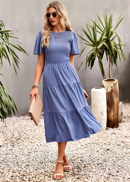 Midi Dress- Solid Smocked Waist Tiered Midi Dress- - IndioGear Fashion and Gear