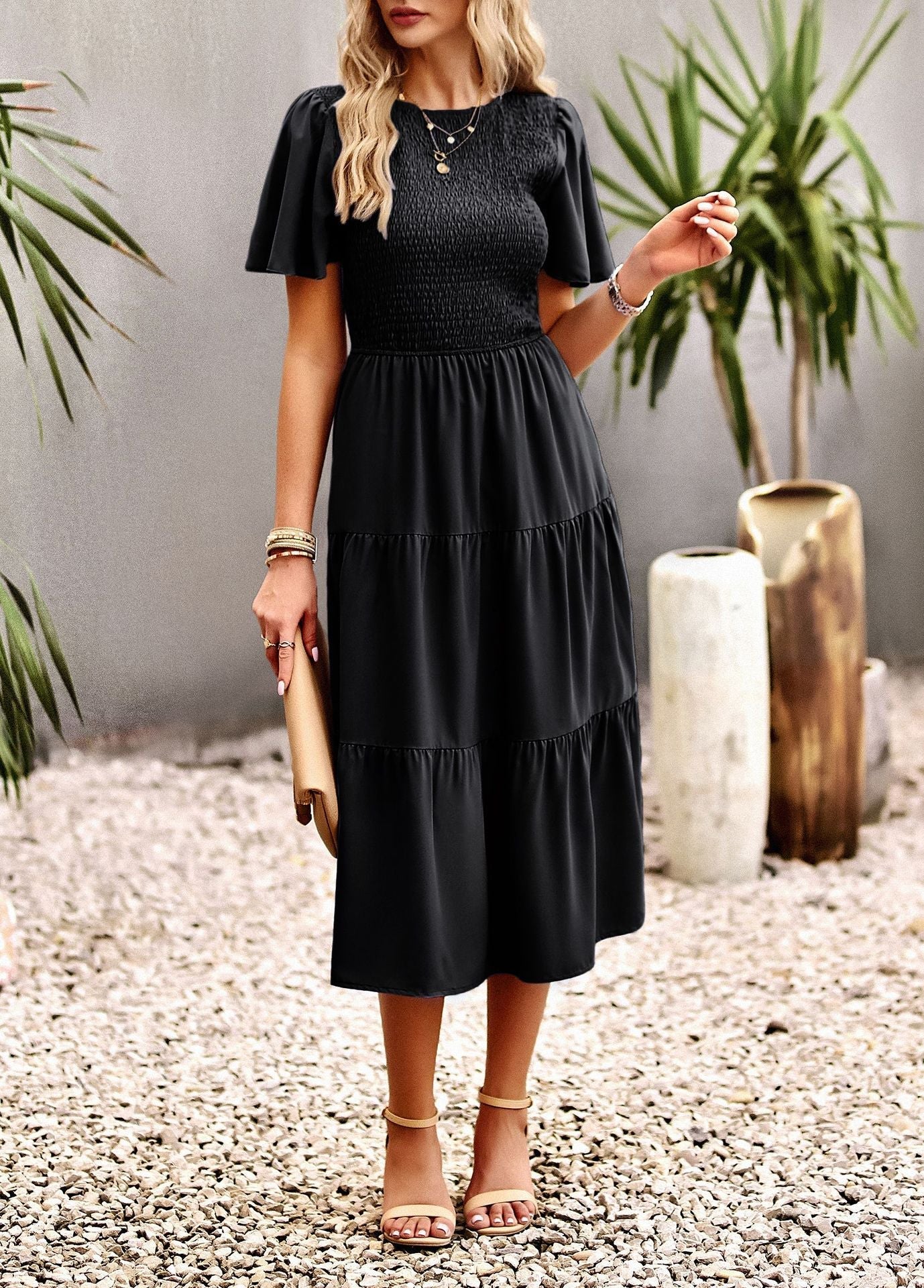 Midi Dress- Solid Smocked Waist Tiered Midi Dress- - IndioGear Fashion and Gear